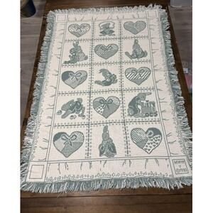 Vintage 1990 MWW Woven Tapestry Blanket Bunny Rabbit Hearts Sage Green Fringe